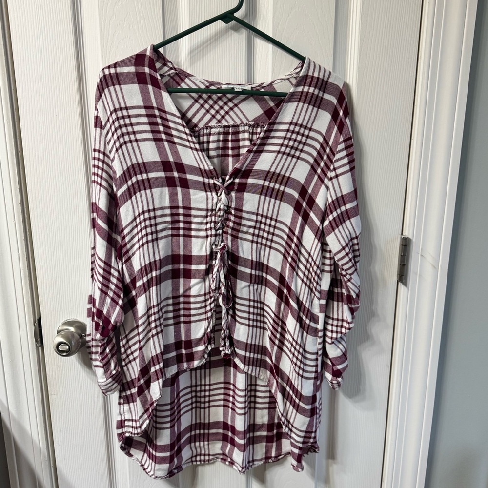 Grace & Lace Front Lace Up tie plaid tunic medium flannel shirt m